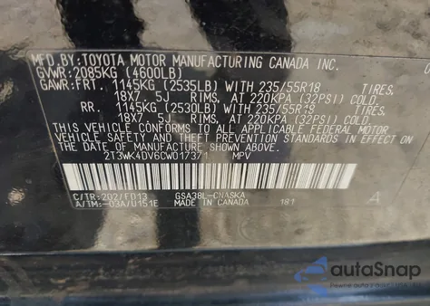 2012 Toyota Rav4 Sport V6 z USA, uszkodzony, nr VIN 2T3WK4DV6CW017371